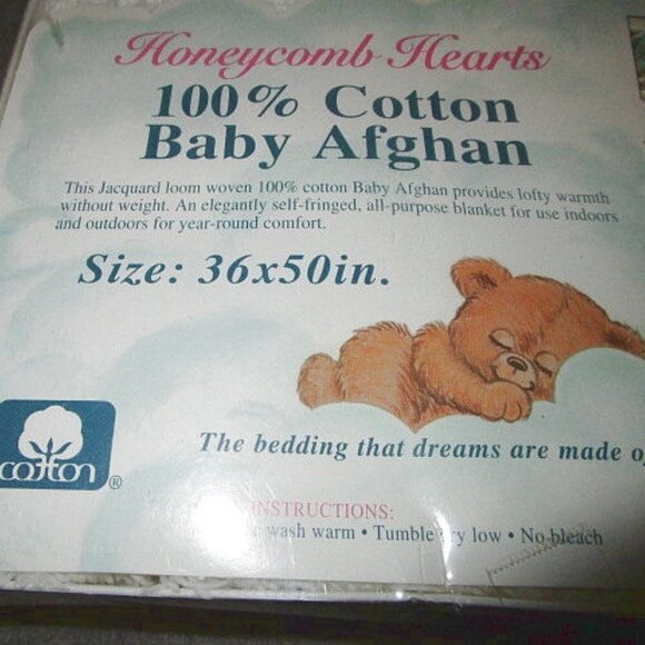 VTG Owen HONEYCOMB Hearts BABY Blanket AFGHAN Jacquard FRINGE Soft COTTON Crib - Picture 4 of 8